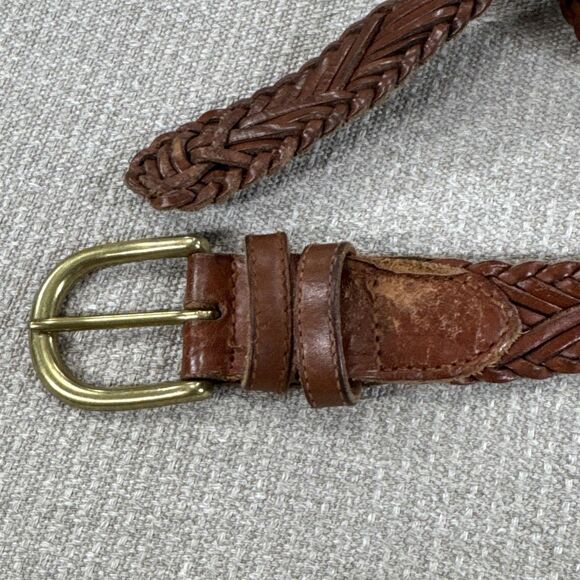 Vintage Fossil Brown Woven Genuine Leather  Belt Size XL Brass Buckle Preppy Y2K - Picture 2 of 7